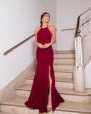 Msddl  New O-Neck Evening Dresses Elegant Backless A-Line Side Slit Elegant Fashion Solid Color Court Train Long Prom Dress