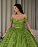 Msddl  Sparkly Green Tulle Prom Dresses Off Shoulder A Line Long Sweetheart Evening Party Dress Vestido De Fiesta De Graduación