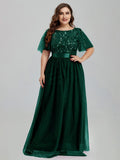 Msddl  Women's Plus Size Mesh A-Line Sequin Embroidery Evening Dress Leaf  Maxi Prom Dress With Sleeves For Wedding Dress 2023