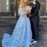 Msddl  Luxury Long Evening Dresses For Women 2023 With Puffy Sleeves Off Shoulder Lace Blue Prom Dresses Side Slit Lace Up Back