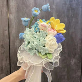 Msddl 1Bunch Finished Product Knitted Flower Rose Holding Flowers Wedding Decorate Hand-woven Bouquet Birthday Gift Artificial Flowers