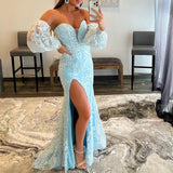 Msddl  Sexy Sparkly Prom Dresses 2023 With Side Slit Lace Up Back Ball Gown Off Shoulder Evening Dresses Long Luxury Party Gowns