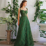 Msddl Green Lace Long Prom Dresses Sweetheart Spaghetti Straps Flowers A-Line Evening Gowns Formal Party Dress