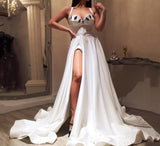 Msddl  Sexy A-Line Double Strap Evening Dress 2023 White Sweetheart With Musical Note High Slit Long Prom Party Gowns Backless