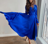 Msddl  Classic Short Royal Blue Prom Dresses Long Sleeve V-Neck Satin Tea Length Robe De Soiree Party Evening Gowns For Women