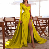 Msddl  One-Shoulder Long Sleeve Cocktail Dress Elegant Sparkle Satin Formal Dress Sweep Train Side Slit Party Woman Length Prom Dress