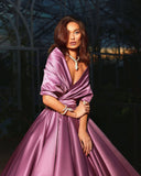 Msddl  Elegant Purple Satin Long Prom Dresses Sexy Shawl V-Neck Off The Shoulder Pleat Ruched Formal Evening Party Dresses 2023