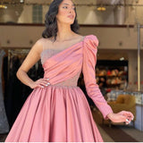 Msddl  Beaded One Shoulder Long Sleeve Satin Pink Prom Dresses Pleated A-Line Sweep Train Robes De Soirée Evening Party Gowns