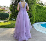 Msddl  Simple V-Neck Light Purple Chiffon Boho Prom Dresses Tiered Backless Fairy Sleeveless Evening Party Gowns Robes De Soirée