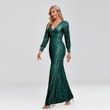 Msddl  2023 New Women Elegant V-Neck Mermaid Evening Dress Floor Length Formal Prom Party Gown Sequins Long Sleeve Galadress Vestidos