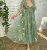 Msddl  Green Embroidery Lace Prom Dresses V Neck Half Sleeves Tulle Evening Party Gowns Deep V Neck Formal Dresses Tea Length