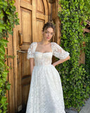 Msddl  Elegant White Lace Appliques Prom Dresses Puff Sleeves Sweetheart Tea-Length A-Line Formal Evening Party Dress 2023