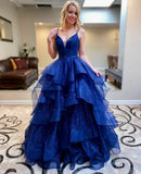 Msddl  Royal Blue Elegant Sparkly Prom Dresses A-Line Layered Ruffled Tulle Cross Back Robes De Soirée Evening Gowns For Women