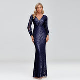 Msddl  2023 New Women Elegant V-Neck Mermaid Evening Dress Floor Length Formal Prom Party Gown Sequins Long Sleeve Galadress Vestidos