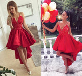 Msddl  Spaghetti Straps High Low Homecoming Dress With Appliques V Neck Red Satin Cocktail Dresses Short Front Long Behind Prom Dresses