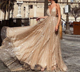 Msddl  Sexy Shiny Champagne Gold Evening Dresses 2023 Spaghetti Straps V-Neck Backless Long Tulle Elegant Prom Gown Illusion