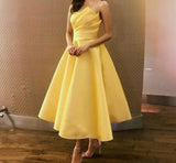 Msddl  Elegant Yellow Short Off Shoulder Party Dresses 2023 A-Line Tea Length Pleated Satin Prom Evening Gowns With Pockets