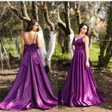 Msddl  Elegant Long Purple Satin Prom Dresses With Pockets A Line Simple Backless With Bow Custom Formal Party Evening Gowns