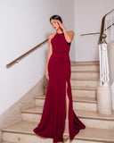 Msddl  New O-Neck Evening Dresses Elegant Backless A-Line Side Slit Elegant Fashion Solid Color Court Train Long Prom Dress