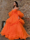 Msddl  Orange Off Shoulder Prom Dresses Ruffles Sleeves Organza Sweetheart Neck Tiered Floor-Length Evening Party Dresses Zipper