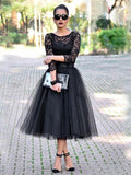 Msddl  Vintage Black Lace Short Prom Dresses Iillusion Long Sleeves Tea Length Soft Tulle Formal Evening Gowns With Sashes 2023