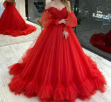 Msddl  Luxury Strapless Glamorous Red Prom Dress Sweetheart Neck With Lace Appliques Tulle Puffy Sleeves Prom Gowns Lace Up Back