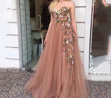 Msddl  Flesh Pink Sweetheart Prom Dresses 2023 Flower Appliques A Line Formal Evening Party Dresses Long Tulle Vestidos De Gala